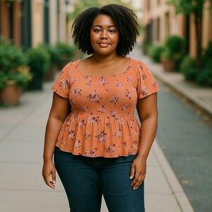 RUE 21+ Women's Plus size 4X Coral Floral print smocked Peplum Blouse Stretchy